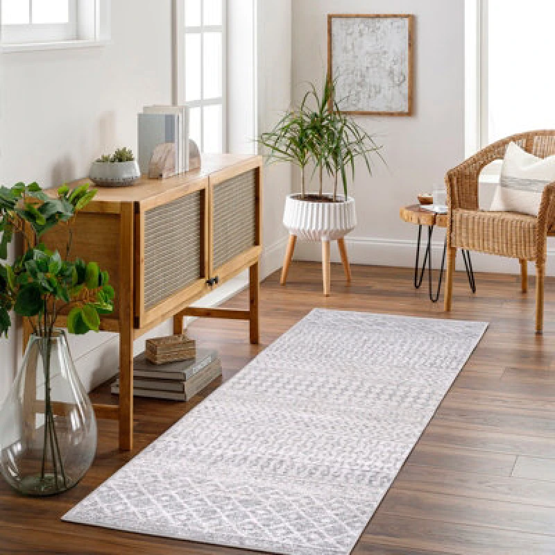 Image of Livabliss Scandi Geometric Light Grey/white Mila Runner Rug 80 X 230 Cm - Easy Care, Non Shedding, Ideal For Hallway Or Beside The Bed