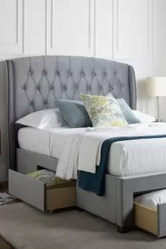 Image of Elise Grey Winged Upholstered Drawer Storage Bed Frame