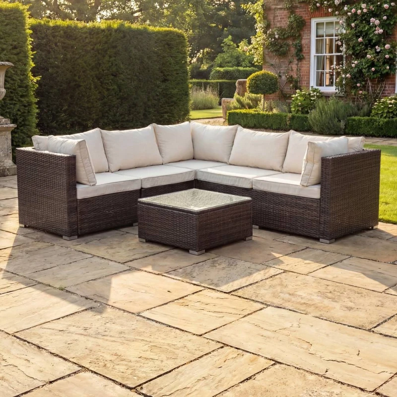 Image of Artemis Home Oliena 5 Seat Modular Rattan L-Shaped Corner Garden Furniture in Brown Brown Unisex