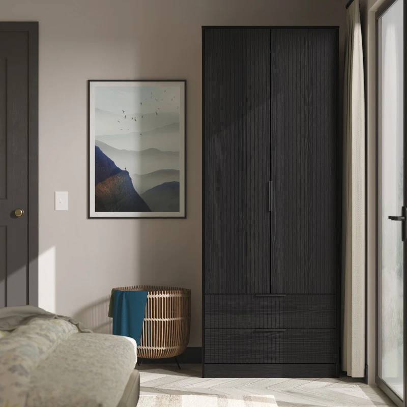 Image of Ready Assembled 2 U Menai 2 Door 2 Drawer Wardrobe (Ready Assembled) in Black Unisex