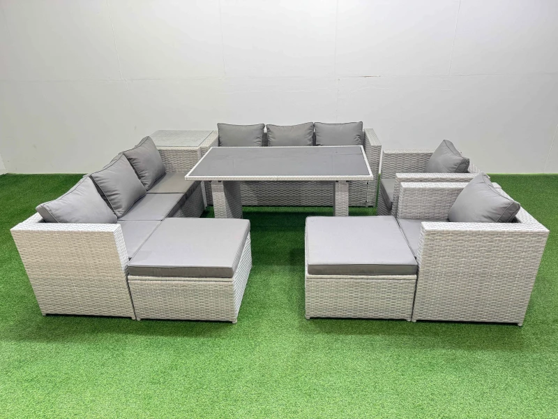 Image of Fimous 10 Seater Outdoor Dining Table 3 Seater Sofa Set with 2 Big Stool in Light Grey Light Grey Unisex