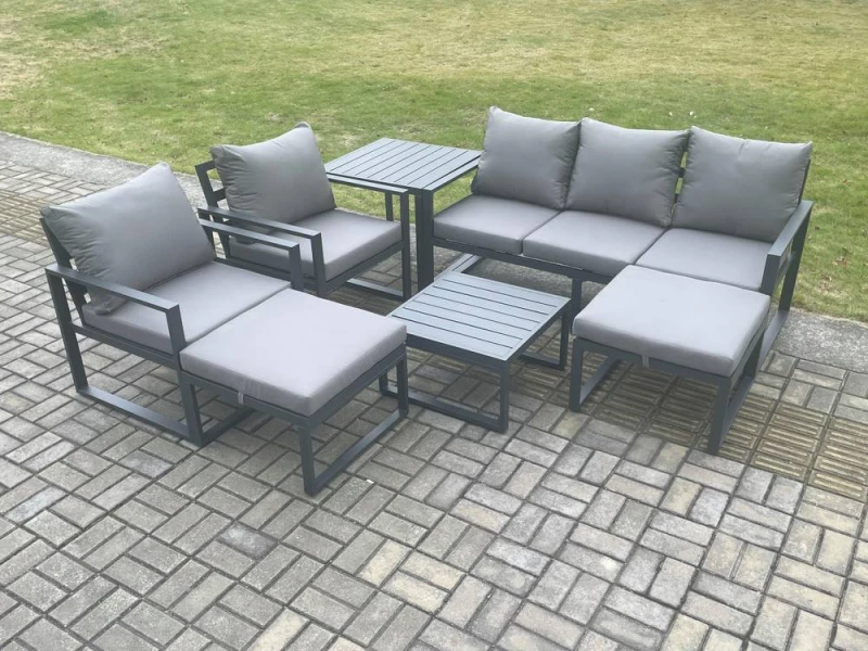 Image of Fimous Aluminium Outdoor Lounge Sofa Set Garden Furniture Sets with Square Coffee Table 2 Chairs 2 Big Footstools Side Table Dark Grey 7 Seater Dark G