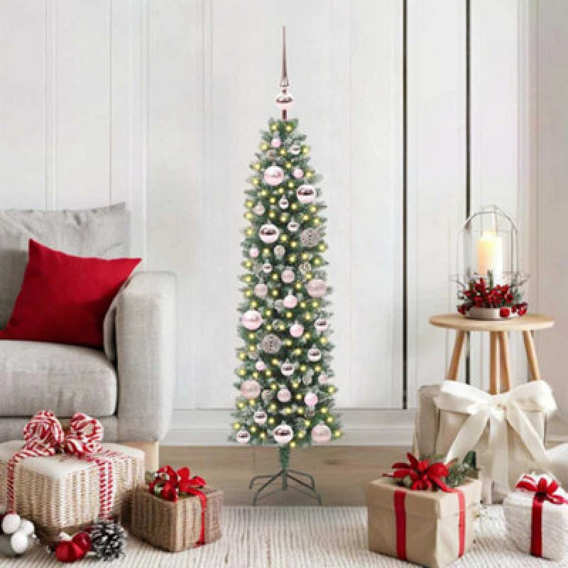Image of vidaXL Artificial Slim Christmas Tree with Pink Balls Green and white 120 cm, Green 3395271