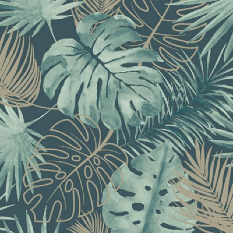 Image of Debona Laguna Tropical Vinyl Green Gold Glitter Palm Leaf Jungle Wallpaper Green