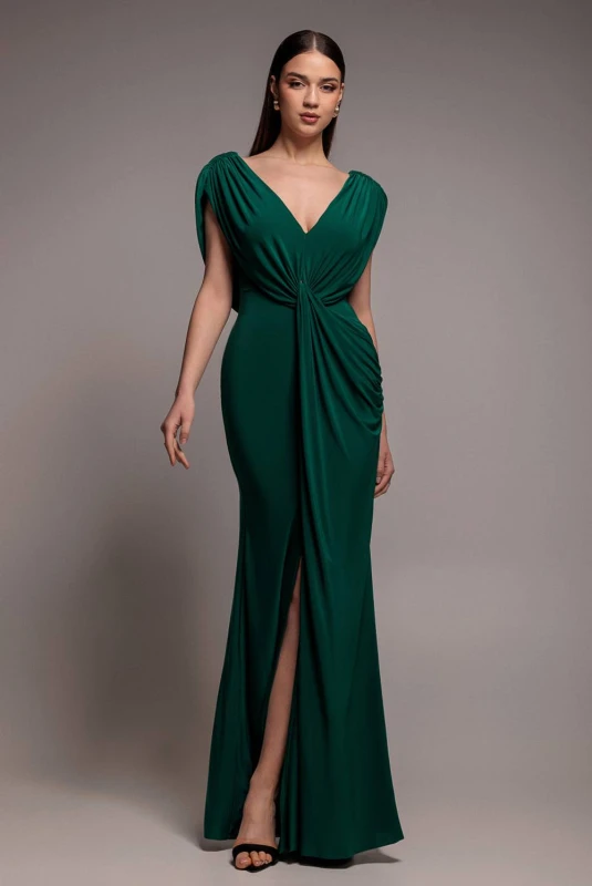 Image of Goddiva Womens Cowl Plunge Draped Mermaid Maxi Dress in Emerald Size: 6 Emerald Female 6