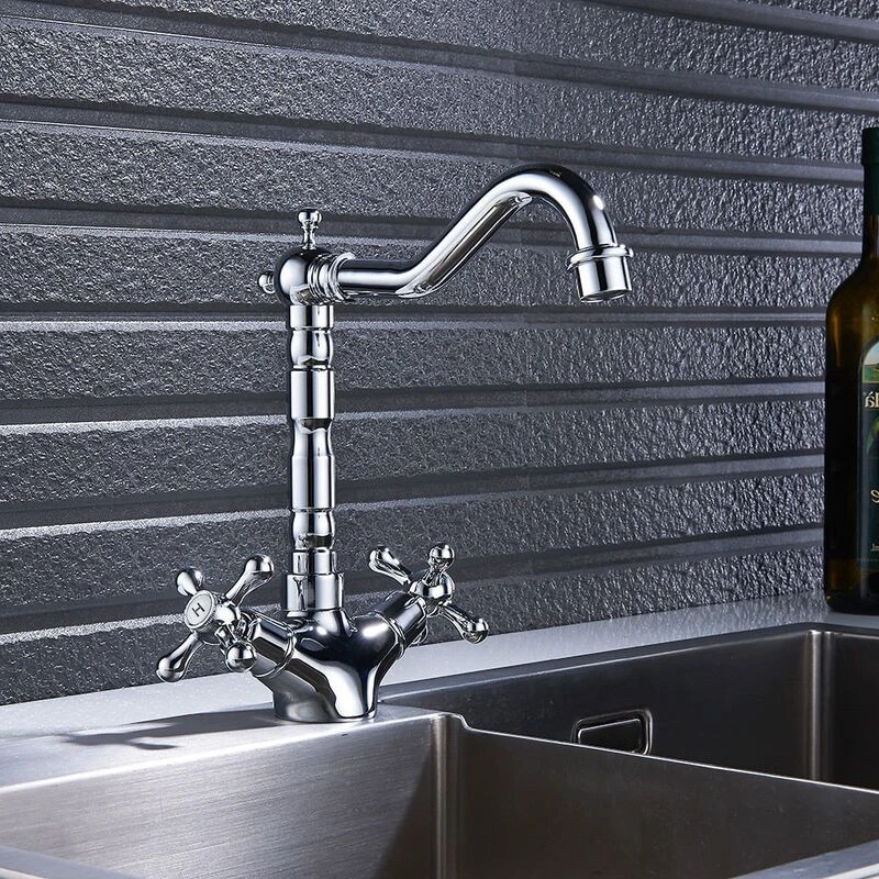 Image of Nes Home Victorian Traditional Twin Cross Handle Kitchen Sink Mono Mixer Tap Silver unisex