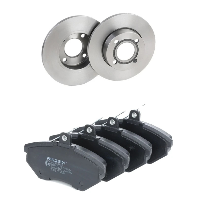 Image of RIDEX 3405B2757 Brake disc and pads set Front Axle, Brake Disc Type: Solid, not prepared for wear warning indicator Brake Set,disc brakes (3405)