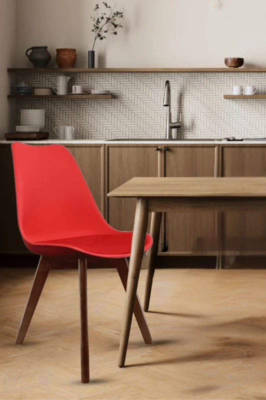 Image of Fusion Living Soho Plastic Dining Chair with Squared Dark Wood Legs Red