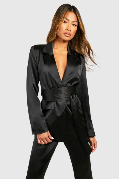 image of Matte Satin Obi Tie Waist Tailored Blazer