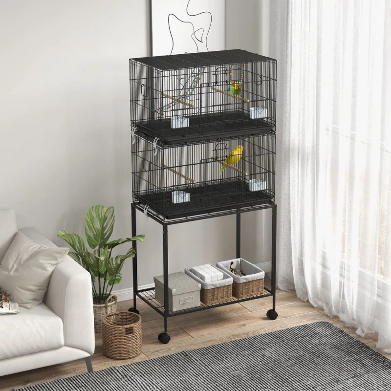 Image of PawHut Two-Tier Bird Cage on Wheels w/ Stand - Pawhut 5056725517137