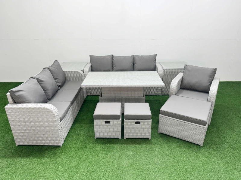 Image of Fimous 10 Seater Poly Rattan Outdoor Garden Furniture Adjustable Lifting Dining or Coffee Table Sofa Set 3 Stools 2 Side Table Light Grey