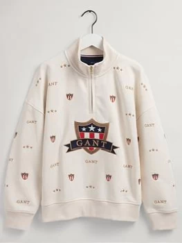 image of Boys, Gant Kids Banner Shield Half Zip Sweat Top - Cream, Size 13-14 Years