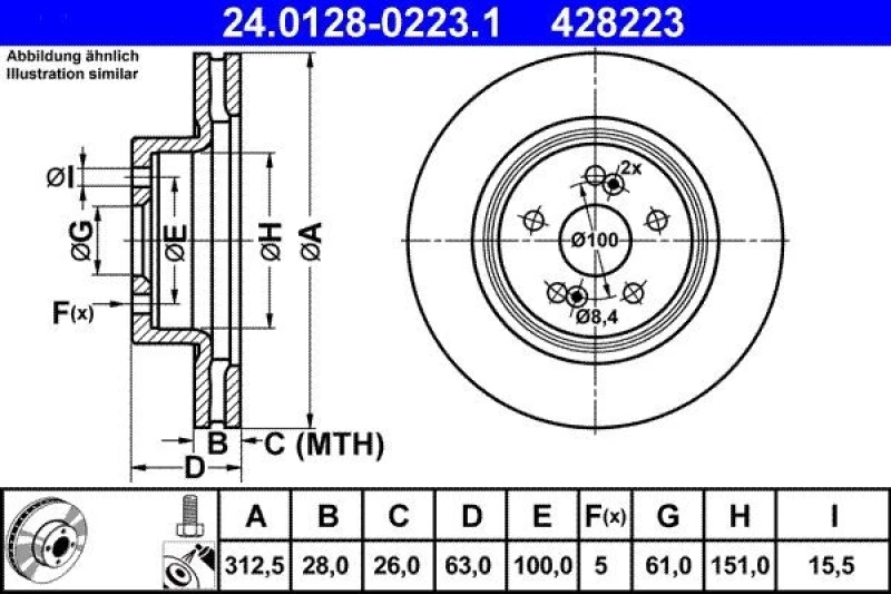 Image of ATE 24.0128-0223.1 Brake disc Vented, Coated, High-carbon, with bolts/screws Brake Disc (82)