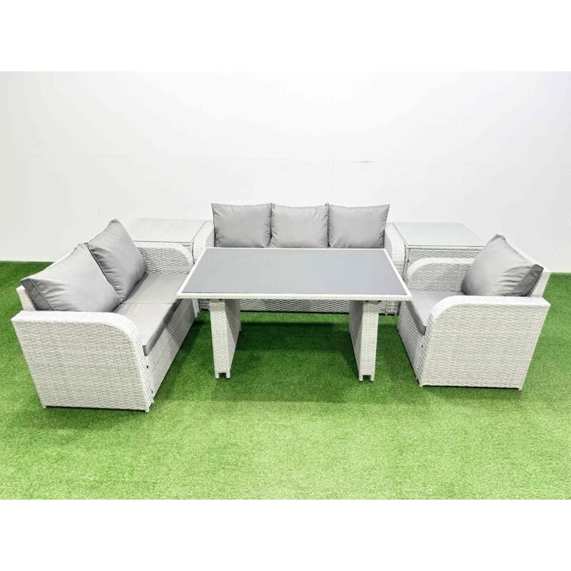 Image of Fimous Rattan Outdoor Sofa Set with 2 Side Tables Light Grey 6 Seater Light Grey Unisex