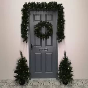 image of Pre Lit Christmas Door Decoration Kit - 90cm Trees / Garland & 60cm Wreath