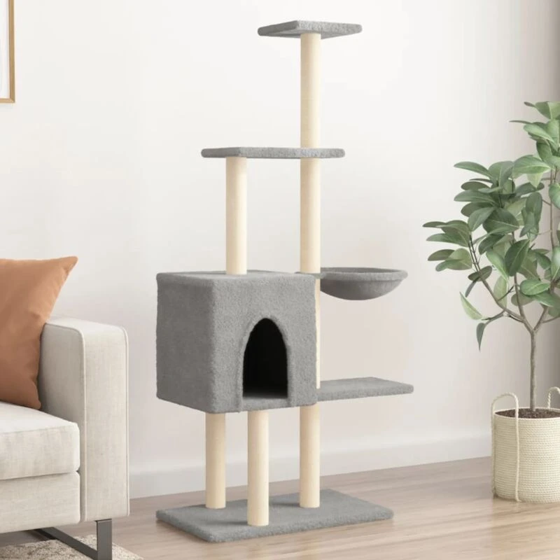 Image of vidaXL Cat Tree with Sisal Scratching Posts Light Grey 145 cm, Grey 172095