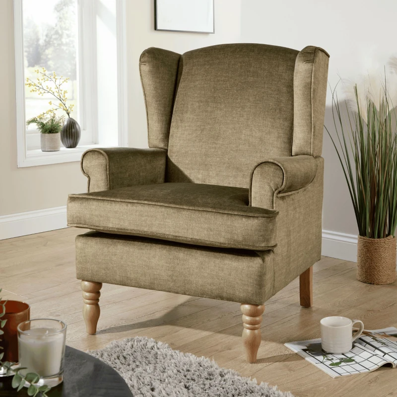 Image of Home Source Helena Fabric Green Olive Wingback Occasional Armchair