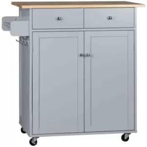 image of HOMCOM Rolling Kitchen Island, Utility Serving Cart With Rubber Wood Top - Grey