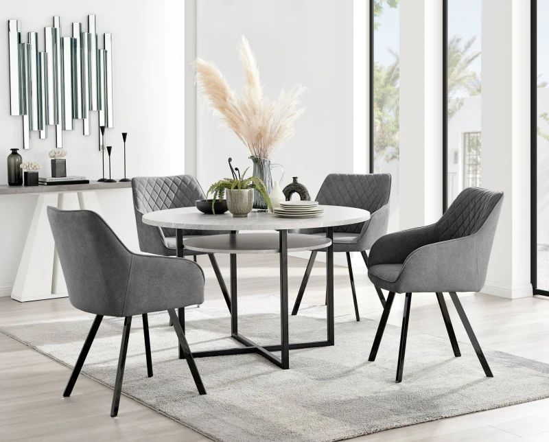 Image of FurnitureboxUK FurnitureboxUK Adley Grey Concrete Effect Round Dining Table & 4 Falun Black Leg Fabric Chairs in Dark Grey Dark Grey One Size Unisex 5
