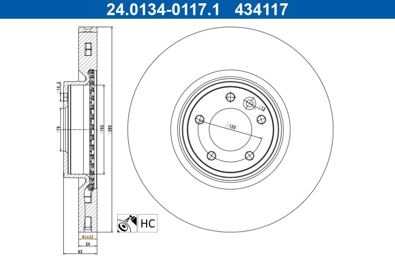 Image of Brake disc ATE 24.0134-0117.1