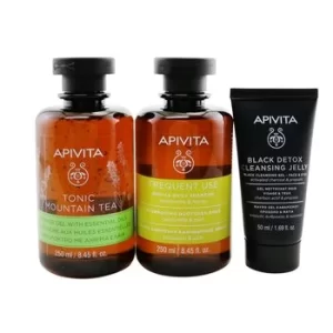 Image of ApivitaNature's Greetings Set: Tonic Mountain Tea Shower Gel 250ml+ Gentle Daily Shampoo 250ml+ Black Cleansing Gel 50ml 3pcs