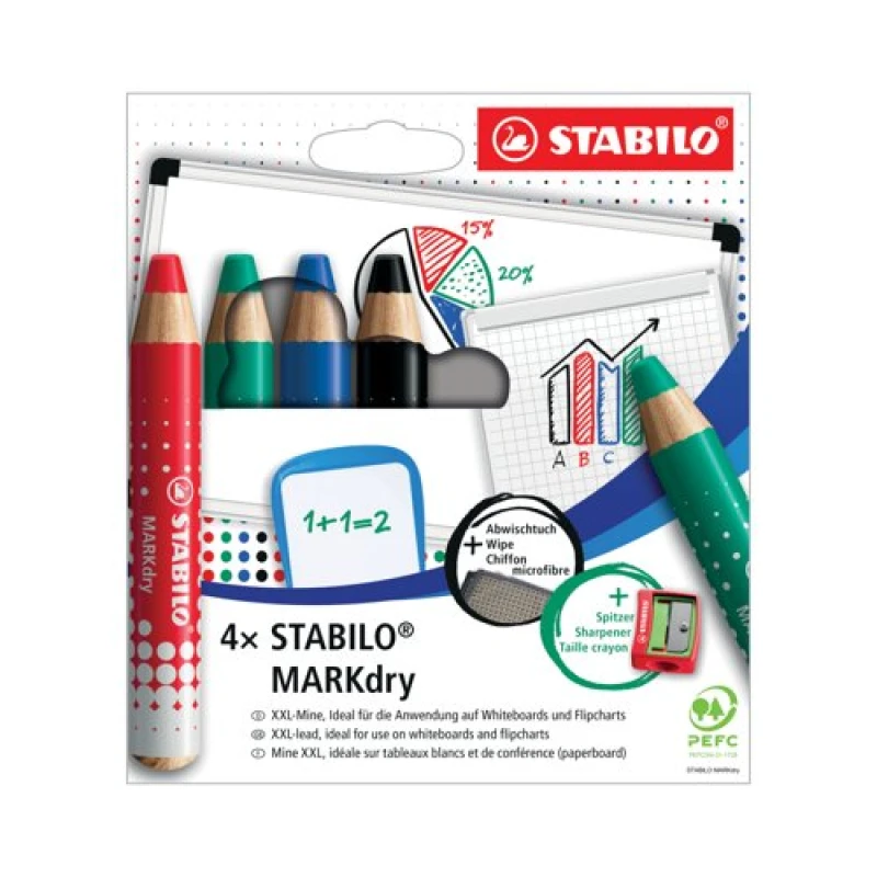 Image of STABILO MARKdry Drywipe Marker Pencil for use on Whiteboards Assorted Colours including Sharpener and Cloth (Pack 4) 648/4-5