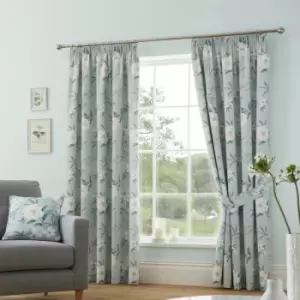 Image of Dreams & Drapes Eve Floral Print 100% Cotton Lined Pencil Pleat Curtains, Duck Egg, 90 x 90 Inch