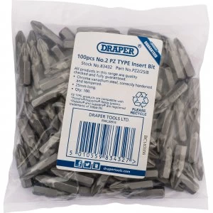 image of Draper Pozi Screwdriver Bits PZ2 25mm Pack of 100