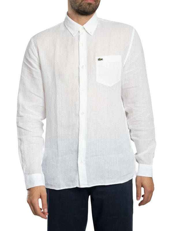 Image of Lacoste Long Sleeve Linen Shirt - White White XL