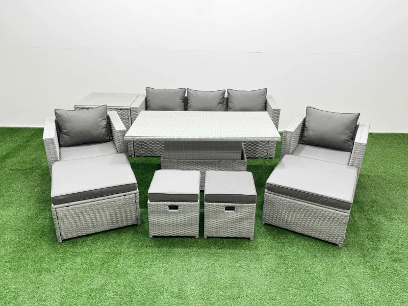 Image of Fimous 9 Pcs Rising Dining Table Set Rattan Furniture Set With 3 Seater Sofa Chair 2 Big Footstools 2 Small Footstools Side Table