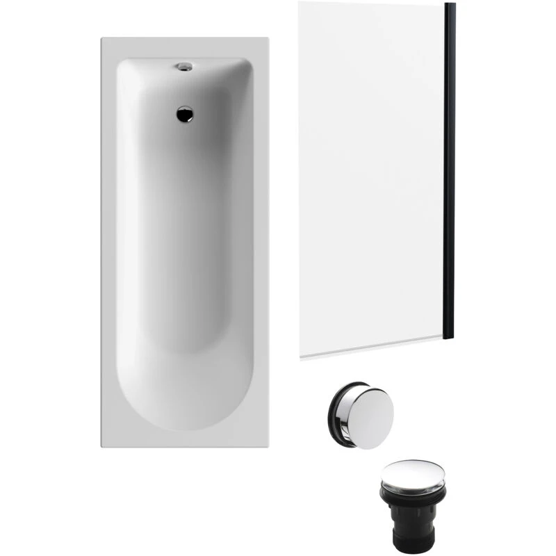 Image of Balterley Round Bath, Square Black Bath Screen and Chrome Waste 1700x700mm Silver