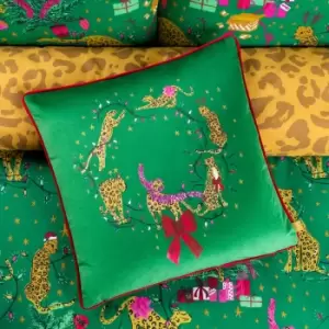 image of Purrfect Leaping Leopards Cushion Green/Gold, Green/Gold / 43 x 43cm / Polyester Filled