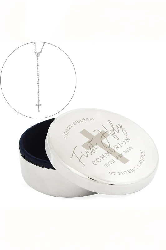 Image of Personalised Memento Company Personalised First Holy Communion Round Trinket Box & Rosary Beads Set in Silver Silver Unisex