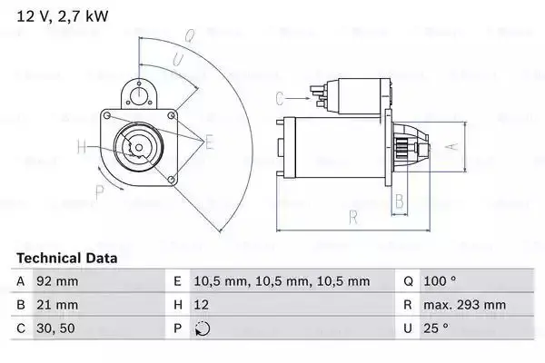 Image of Bosch 0986010950 Starter Motor 1095 12 V 2,7 kW Output BOSCHSTARTER-0986010950