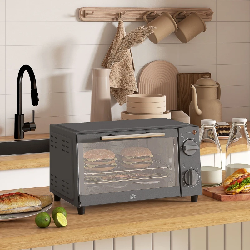 Image of HOMCOM Mini Oven 9L Countertop Electric Grill w/ Temp Timer Control 750W Grey
