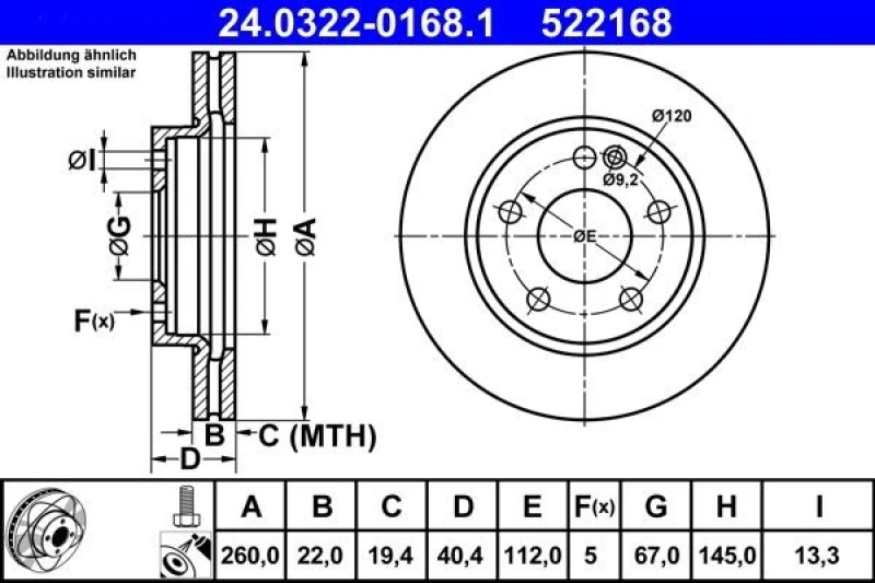 Image of ATE 24.0322-0168.1 Brake disc Vented, Coated, Alloyed/High-carbon, with bolts/screws Brake Disc (82)