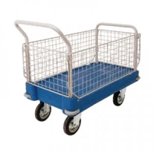 image of Slingsby Plastic Platform Truck 2 End 2 Mesh Sides Blue 308502