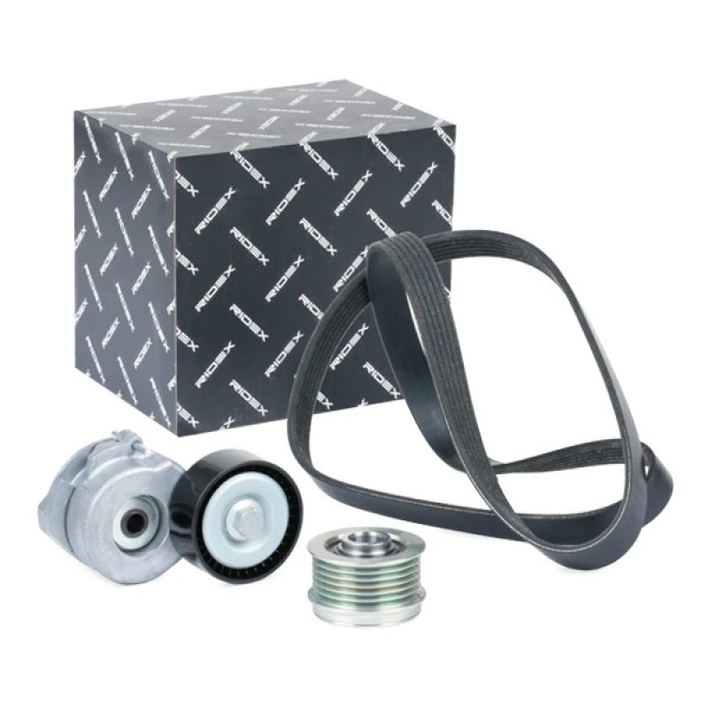 Image of RIDEX 542R0669 V-ribbed belt set Check alternator freewheel clutch & replace if necessary, Pulleys: with freewheel belt pulley V-Ribbed Belt Set (542
