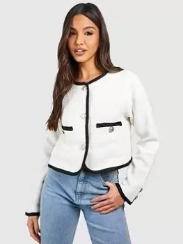 Image of Boohoo Boucle Contrast Detail Jacket - Cream, Size 14, Women
