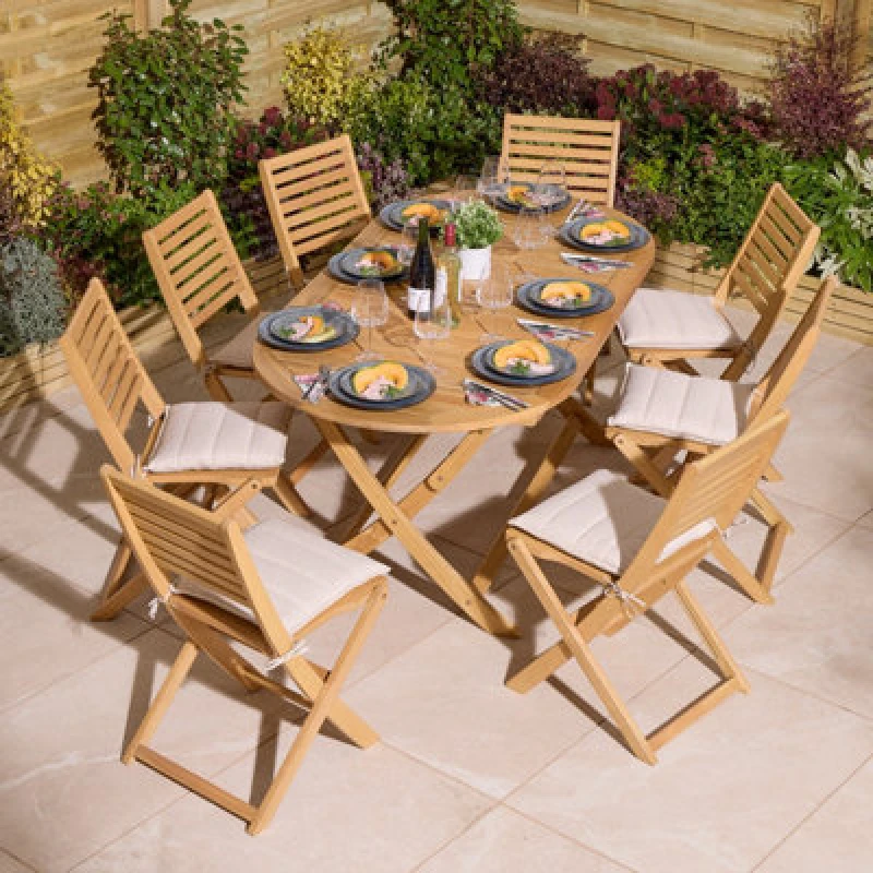 Image of Rowlinson Ashdown Folding 8 Seat Oval Dining Set with Cushions, Brown ASHOSET8