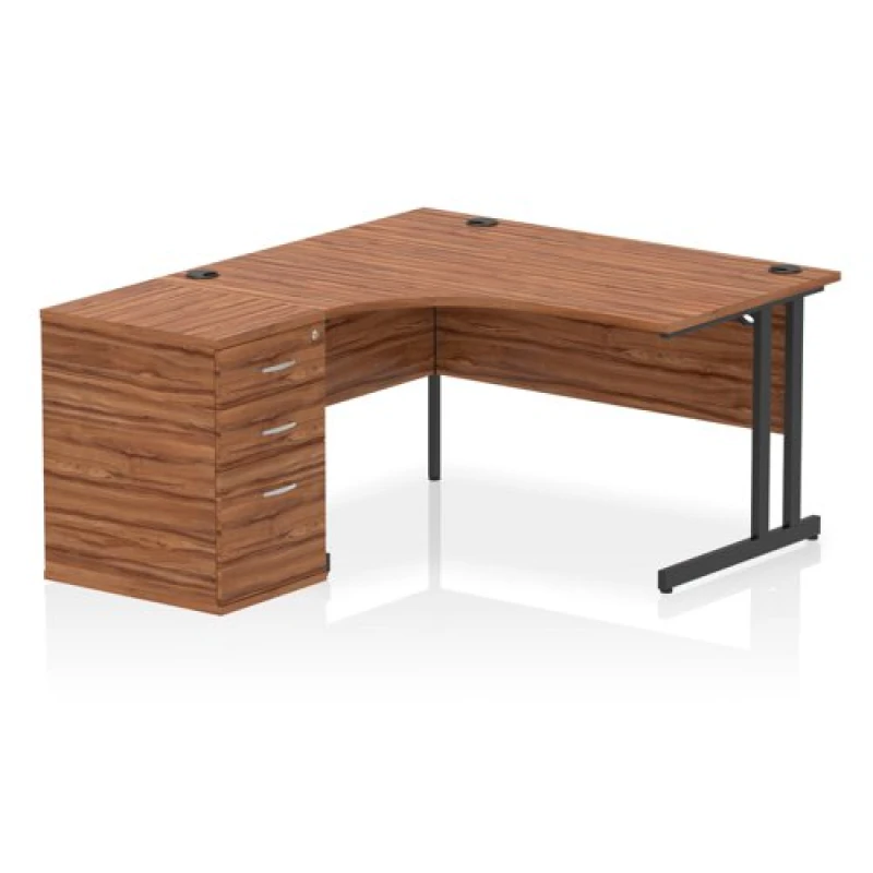 Image of Impulse Impulse 1400mm Left Crescent Office Desk Walnut Top Black Cantilever Leg Workstation 600 Deep Desk High Pedestal IWSLC146BCWNT