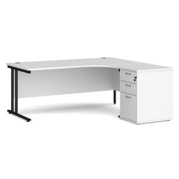 image of Office Desk Right Hand Corner Desk 1800mm With Pedestal White Top With Black Frame Maestro 25