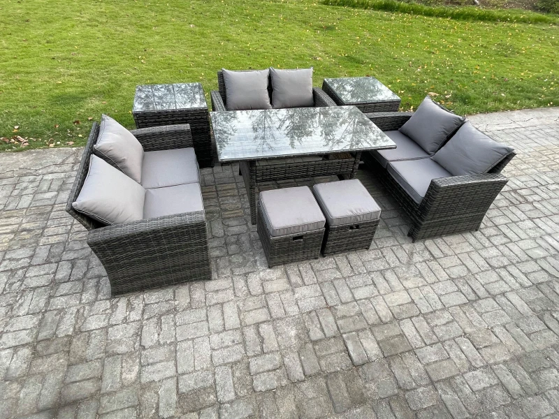 Image of Fimous 8 Seater Wicker PE Rattan Garden Furniture Sets Outdoor Lounge Sofa Set with Oblong Dining Table Double Seat Sofa in Dark Grey Dark Grey Unisex