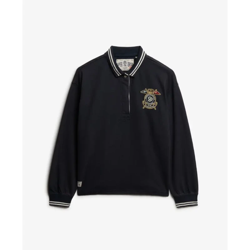 Image of Superdry Womens long-sleeved polo shirt Superdry Crest Bleu Female S