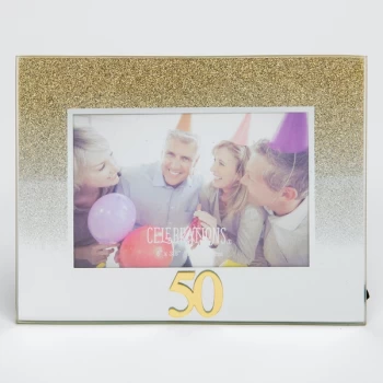Image of 5" x 3.5" Gold Glitter Glass Birthday Frame - 50