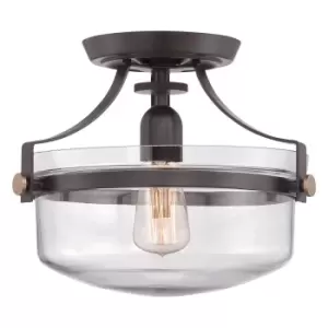 image of Semi Flush Light Inverted Clear Glass Shade Banded Metal Bronze LED E27 60W