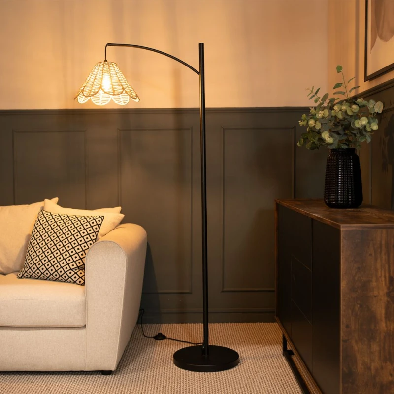 Image of ValueLights Preto Black Metal Curved Floor Lamp With Flower Shade Black