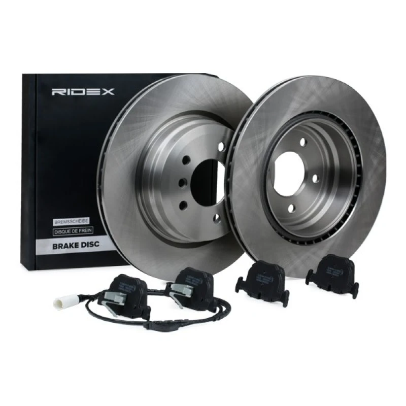 Image of RIDEX 3405B1643 Brake disc and pads set Rear Axle, Brake Disc Type: internally vented, incl. wear warning contact, with piston clip Brake Set,disc br