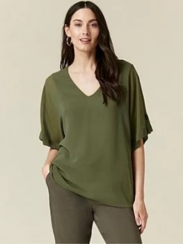 Image of Wallis Tab Sleeve Overlayer Top - Khaki, Size XL, Women