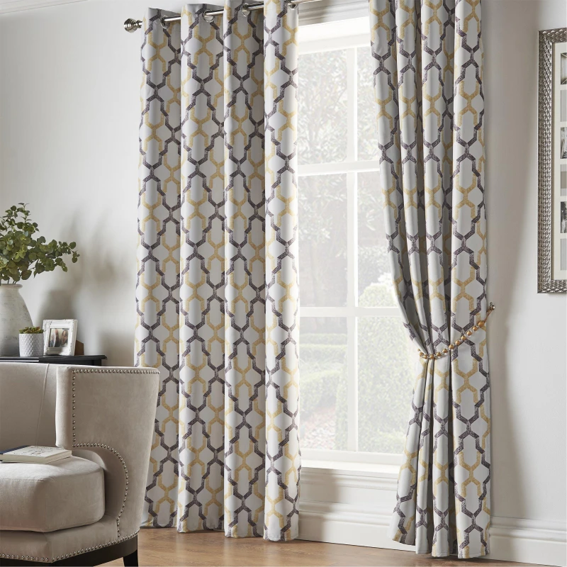 Image of Luxury Living Geo Blackout Ring Top Curtains Yellow
